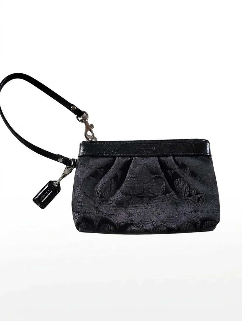 Coach Black Signature Pleated Wristlet With Patent Leather Trim